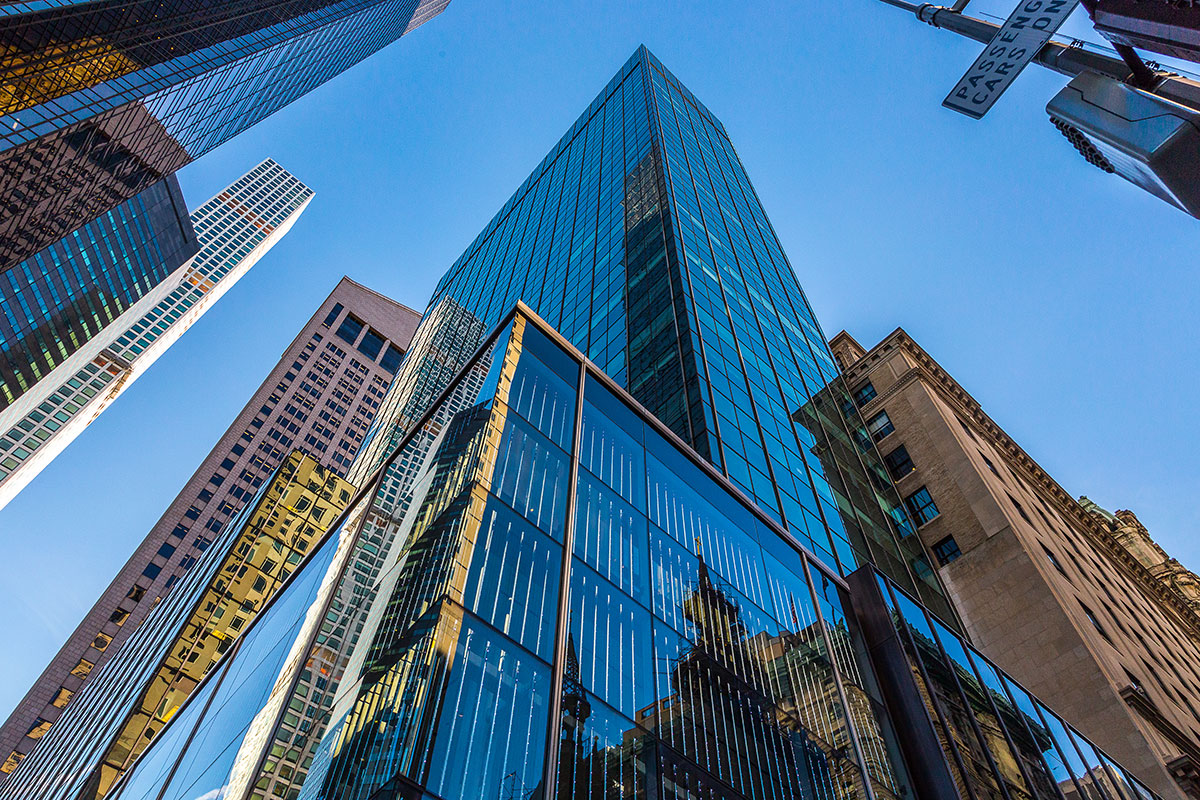 Perspective view looking upward at a tall building